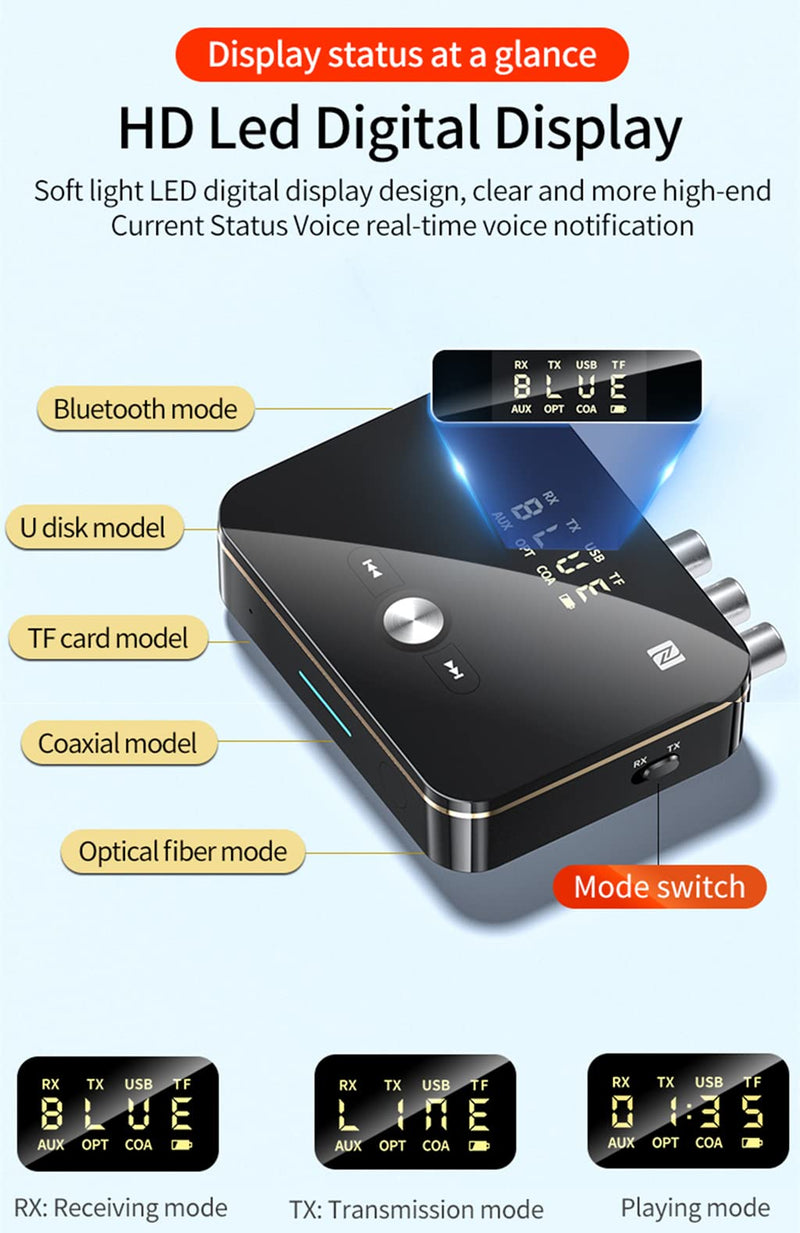 [Australia - AusPower] - Bluetooth 5.0 Audio Receiver Transmitter 2 in 1 with Remote, Bluetooth Hi-Fi Audio Adapter with 3.5mm＆RCA,COAXIAL,Optical,NFC,Aptx-LL for Home and Car Stereo, AV Receiver or Amplifier 