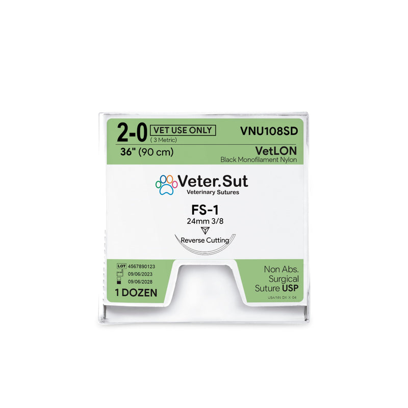 [Australia - AusPower] - VeterSut VetLON Non-Absorbable Nylon Surgical Suture USP Size 2-0, (FS-1) 3/8 24mm Reverse Cutting Needle, 36 Inches (90 cm), 12 Count, Veterinary Use 