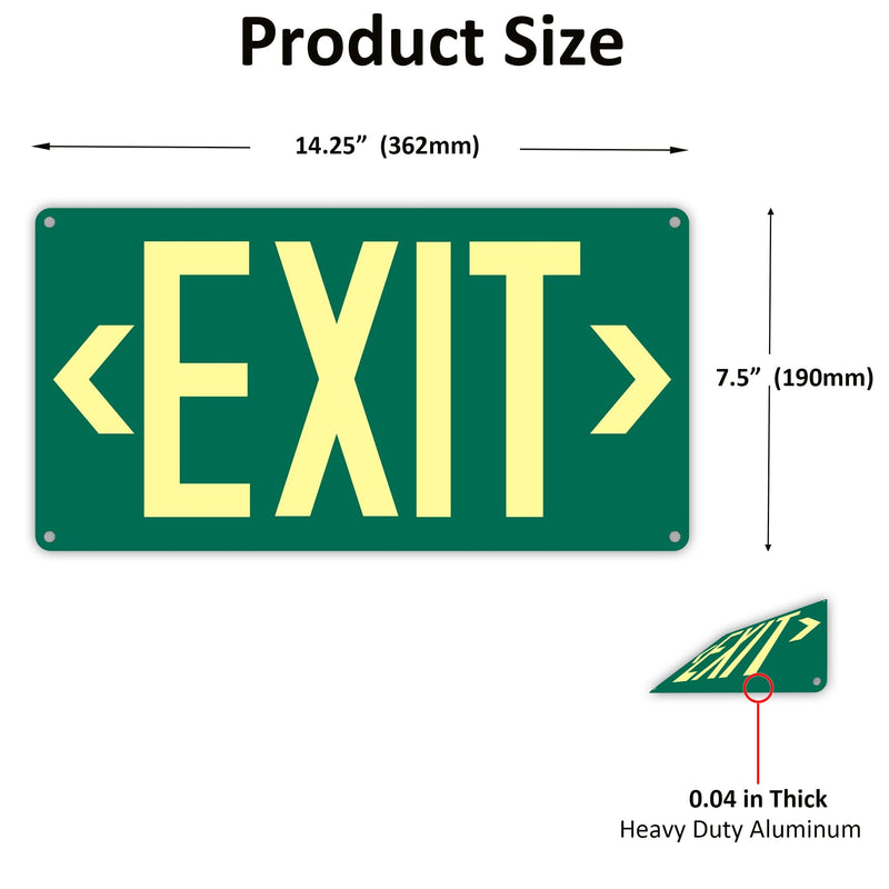 1Pack Photoluminescent Exit Sign Green - Aluminum -14.25"x 7.5" Glow In The Dark Adhesive Backing- Includes 2pcs Removable Arrows- Non Electrical Green Exit Light Green-Metal-1Pack