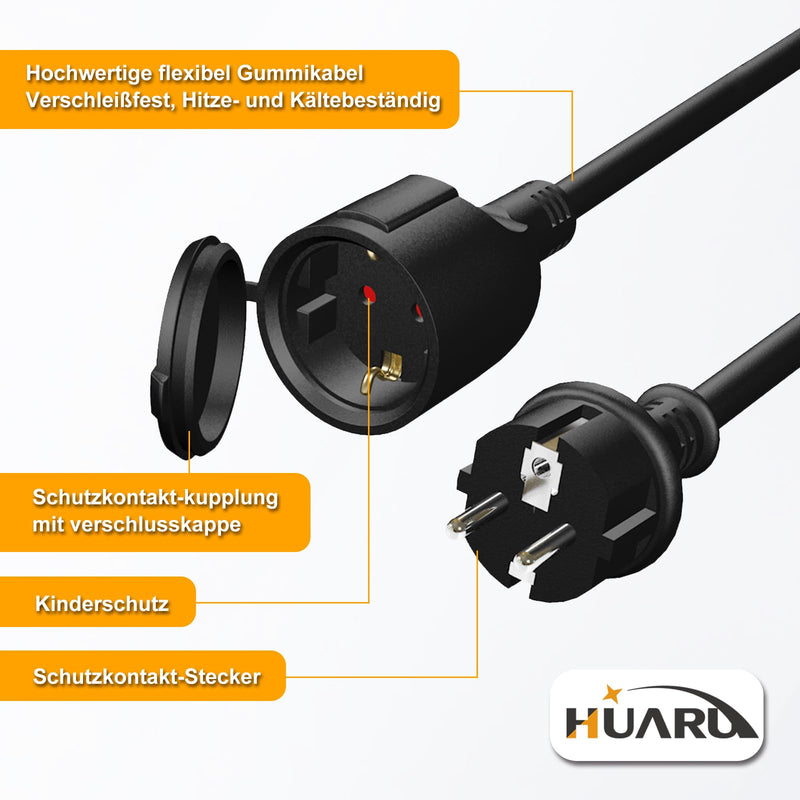 Outdoor Extension Cable, 3 m, Rubber Power Cable Extension with Schuko Plug for Outdoor Use, IP44, Cable Extension H05RR-F 3G 1.5 mm² with Protective Cap, Electric Cable Outdoor, 3500 W, Black 3 metres