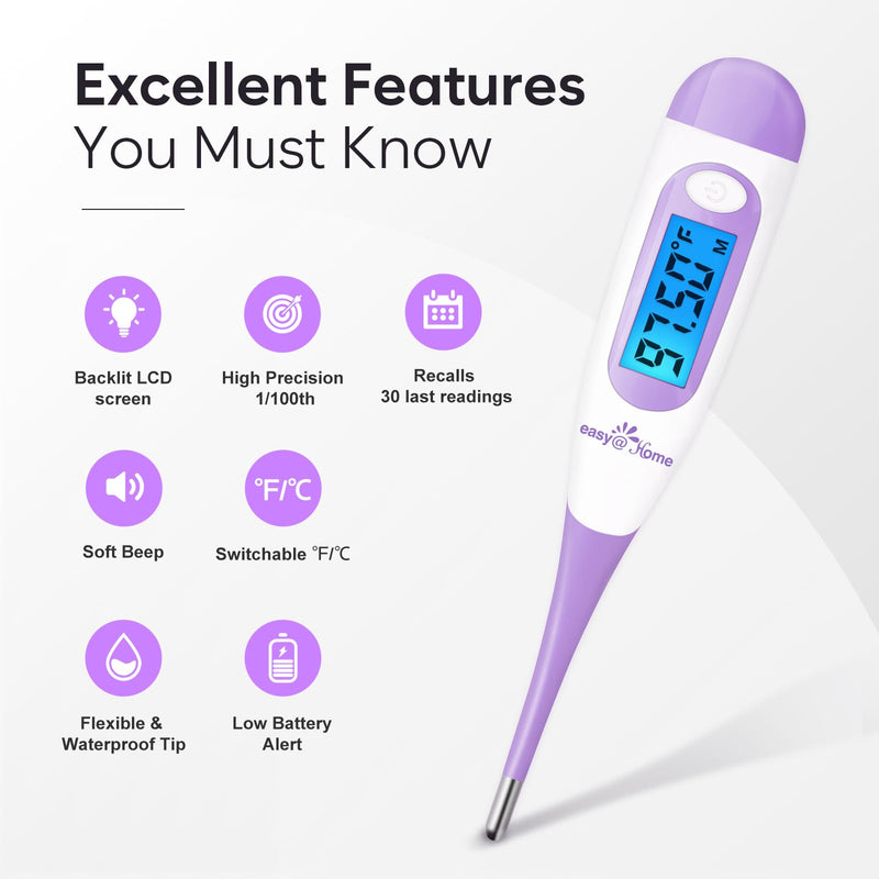 [Australia - AusPower] - Easy@Home Digital Basal Thermometer with Large Backlight LCD Display, 1/100th Degree High Precision and Memory Recall, NOT Bluetooth Enabled,Upgraded EBT-100B-P (Purple) 