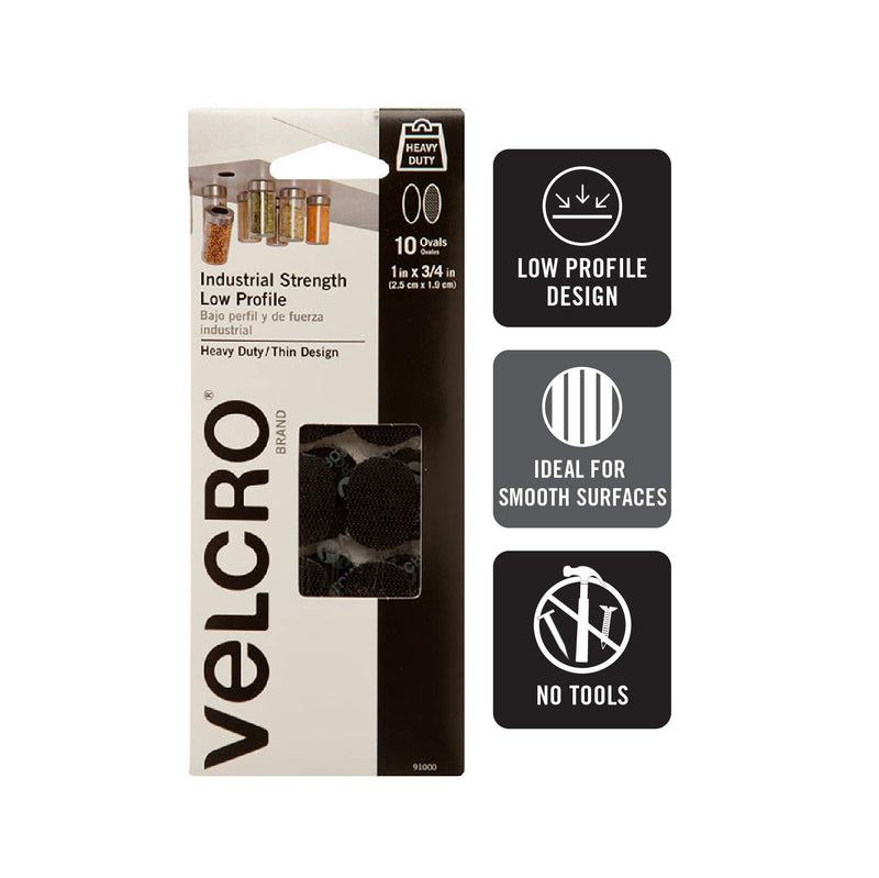 [Australia - AusPower] - VELCRO Brand 1in x 3/4in Industrial Fasteners | Low Profile Thin Design | Professional Grade Heavy Duty Strength | Indoor Outdoor Use Ovals, 10 Sets, Black 1 Count (Pack of 1) 