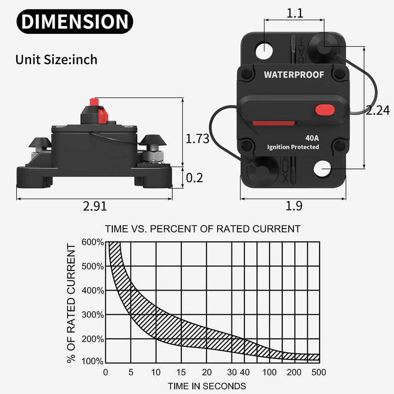 [Australia - AusPower] - DaierTek 40 Amp Marine Circuit Breaker 12V DC Waterproof Manual Reset 40A Inline Breaker Switch for Car Truck Rv Boat -2Pack CB-03-40A 