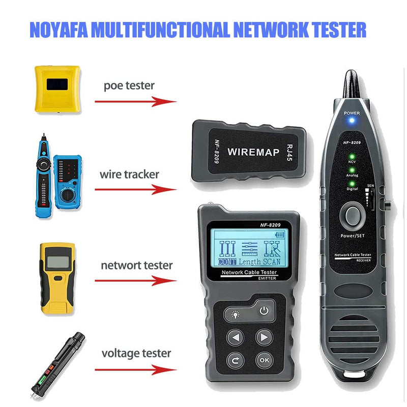 [Australia - AusPower] - NOYAFA NF-8209 Advanced Network Cable Tester for poe test/NCV/cat5/cat5e/cat6/cat6a,Length Measurement/Underground Telephone Line Wiremap Tester&Continuity Testing/by TDR Grey 