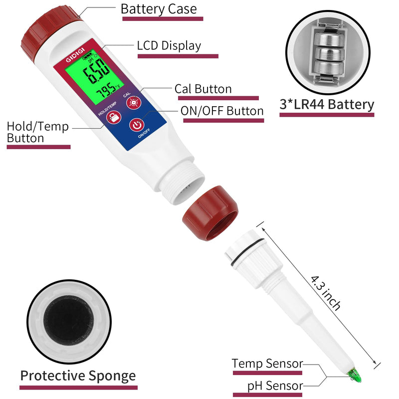 [Australia - AusPower] - Smart pH Meter for Food, GIDIGI Digital Food pH Tester, Accurate Canning pH Test Kits with ATC, Professional Fermenting pH Test Pen, Spear pH Probe for Bread Cheese Sushi Rice Sourdough Sauce Meat 