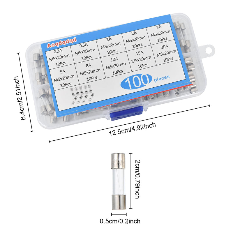 [Australia - AusPower] - 100 x 10 Values Quick Impact Glass Fuses Assortment Set 5 x 20 mm Fuse 250 V Fuses 0.2 A, 0.5 A, 1 A, 2 A, 3 A, 5 A, 6 A, 8 A, 10 A, 15 A Packaging in a Plastic Box 
