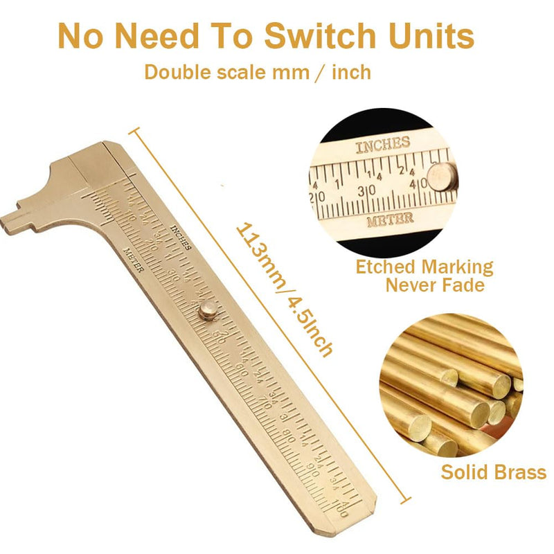 [Australia - AusPower] - Brass Pocket Caliper with Double Scale Sliding Gauge Bead Measuring Tool Millimeter Gauge Mini Brass Vernier Caliper Brass Ruler, Gold Ruler for Measuring Jewelry(100mm) 1 Pack 