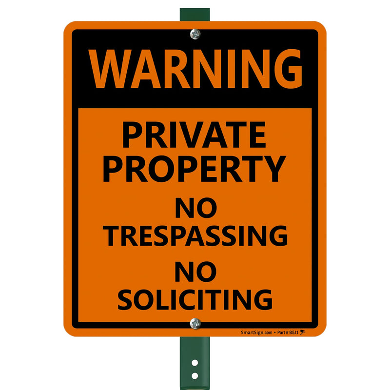 SmartSign "Warning - Private Property, No Trespassing, No Soliciting" LawnBoss® Sign | 10" x 12" Aluminum Sign With 3' Stake