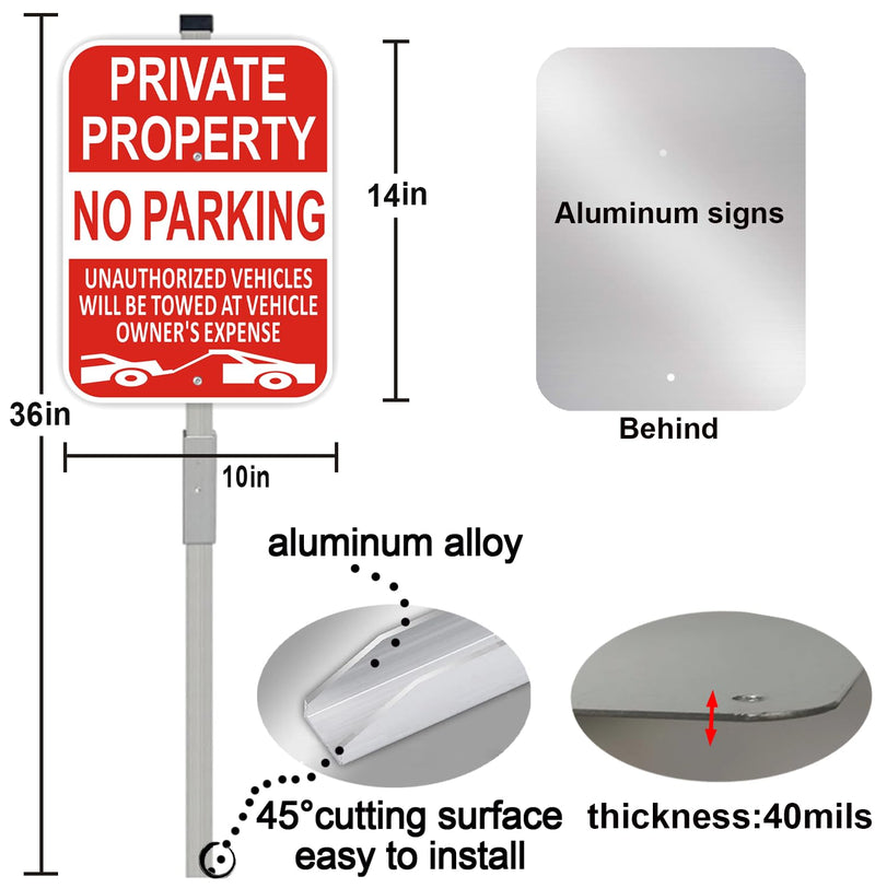 (2 Pack) Large Private Property No Parking Sign with Stake 36" Tall | 14" x 10" Vehicle Towed At Owner's Expense Sign, Reflective Rust Free Aluminum, UV Protected, Fade Resistance, Easy to install 2Pack 36x10 with Stake