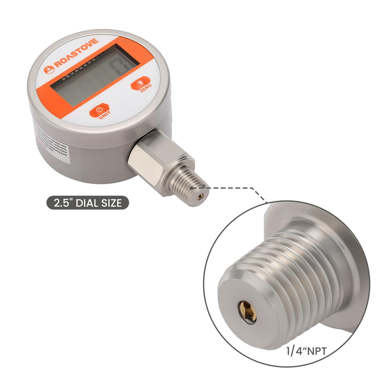 [Australia - AusPower] - Roastove 2-1/2" dial Digital Industrial Pressure Gauge with 1/4" NPT Lower Mount, Stainless Steel case and Connection, 0-1000psi/bar, 1% accurancy,Battery Powered, with LED Light 2-1/2",0-1000PSI 