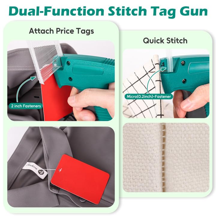 BS ONE 2-in-1 Stitch Tagging Gun for Clothing,Stitch Gun & Retail Price Tag Attacher Gun for Clothes with 6 Needles & 1000pcs 0.2" & 1000pcs 2" Barbs Fasteners Tag Gun + 1000*2" + 1000*0.2" Fasteners