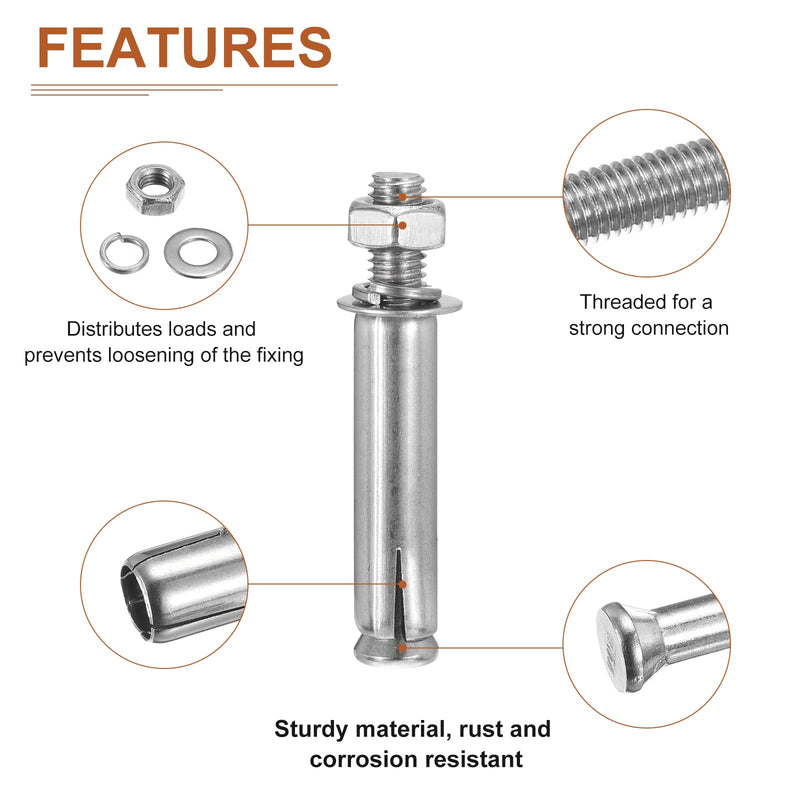 [Australia - AusPower] - 3/8" x 3" Hex Nut Sleeve Anchors - 10Pack - Good for Concrete Dry Brick Block Walls - 304 Stainless Steel - Silver 10 