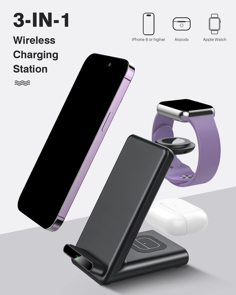 [Australia - AusPower] - Wireless Charging Station,3 in 1 Wireless Charging Stand Made for Apple Watch Ultra 9 8 7 6 SE 5 4 3,Fast Wireless Charger Made for iPhone 15/Plus/Pro Max/14/13/12/11/X,for AirPods Pro(with Adapter) Black 