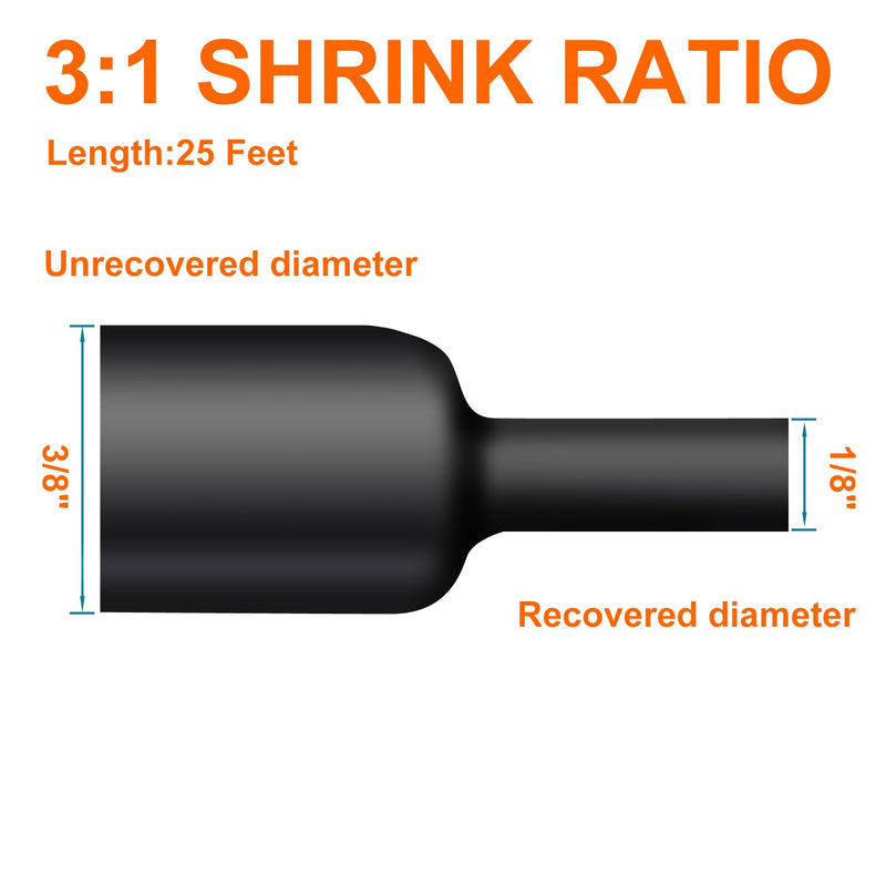 [Australia - AusPower] - 3/8 Inch Heat Shrink Tubing - 25Ft 3:1Ratio Waterproof Heat Shrink Tubin - Adhesive Lined,Dual Wall Adhesive Shrinkable Wire Wrap Tube - Black (1, Black, 3/8"(9.5mm)-25Ft) 1 