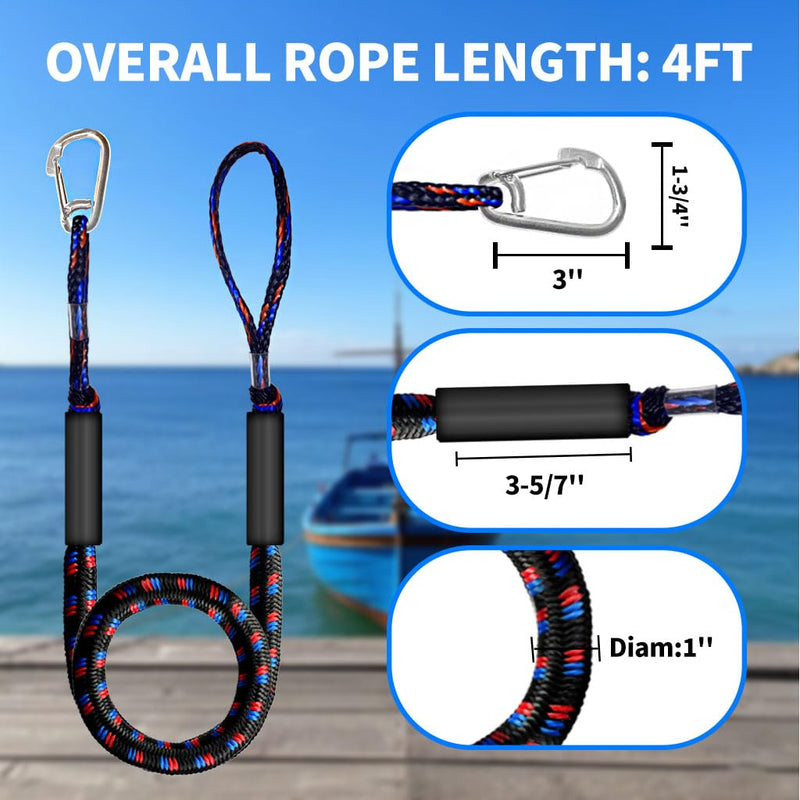 4-5.5ft, Bungee Dock Line with Stainless Steel Clip Safe Boat Rope Mooring String with Foam Float for Pontoon, Boat Accessories, Sea Doo,2 Pack (Red&Black&Blue) Red&Black&Blue 4FT-1Hook
