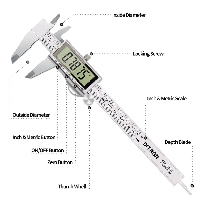 [Australia - AusPower] - Digital Caliper, Vernier Calipers Measuring Tool, Stainless Steel Electronic Digital Calipers with Large LCD Screen, 6 inch/ 150mm, Auto - Off, Inch/mm Conversion 