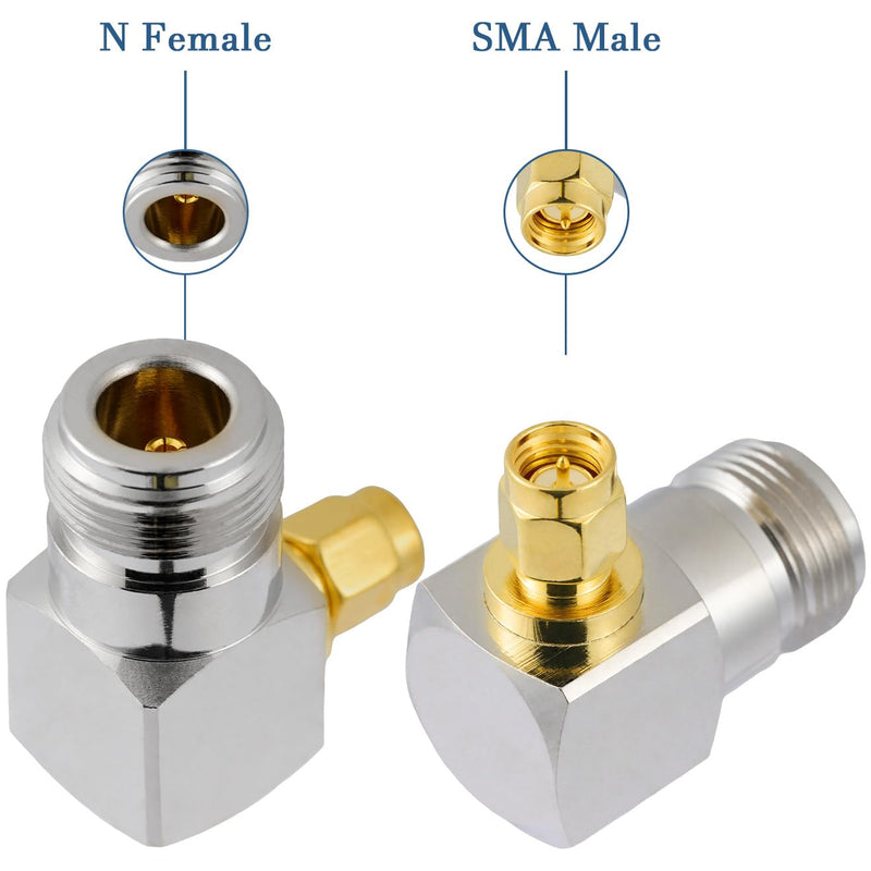 [Australia - AusPower] - Vecys Pack of 2 SMA Male to N Female Right Angle RF Coaxial Adapter 50 Ohm SMA to N Right Angle High Frequency Coaxial Adapter for Antenna Adapter Wireless Device Equipment Signal Testing N Buchse auf SMA Stecker 90° 