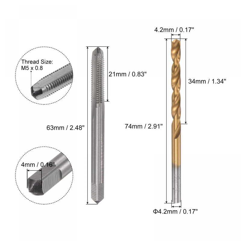 [Australia - AusPower] - uxcell M5 x 0.8 Straight Flute Thread Tap and 4.2mm Twist Drill Bit Set, Metric Titanium Plated 6542 High Speed Steel Machine Screw Thread Tap Threading Drilling Tool 