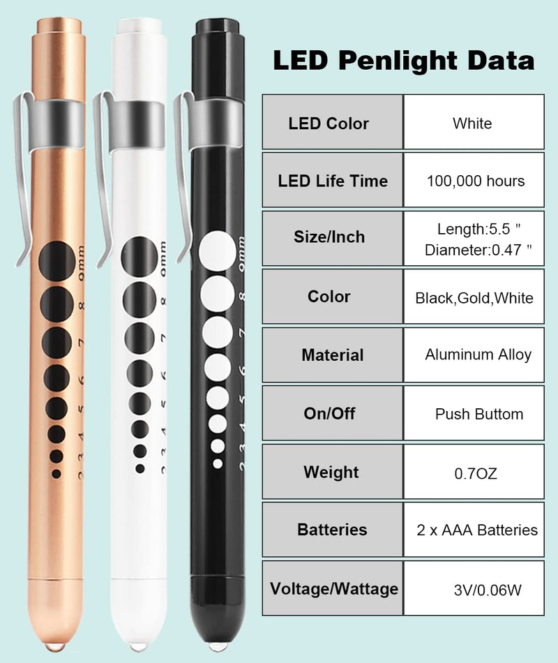 [Australia - AusPower] - MEUUT 3 Pack Pen Lights for Nurses with 6 Batteries – Medical Penlights Nurse Accessories for Work, Perfect Nursing Student Essentials Medical Supplies for Nurses Doctors EMT Trauma Black+White+Gold 