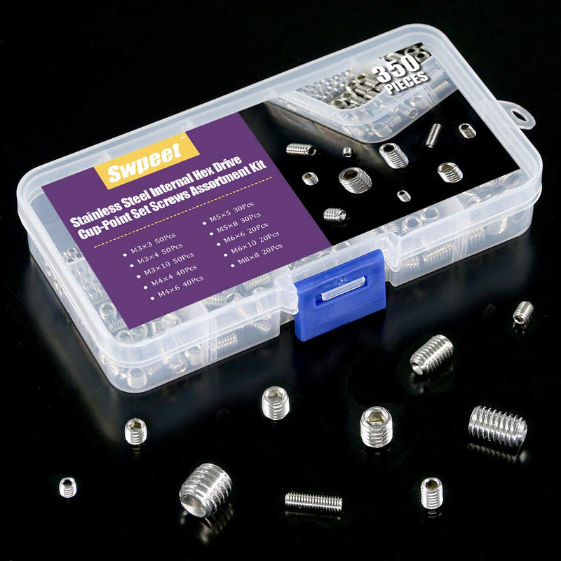 [Australia - AusPower] - Swpeet 350 Pcs Stainless Steel Allen Head Socket Hex Grub Screw Assortment Kit, Including 10 Sizes M3/4/5/6/8 Stainless Steel Internal Hex Drive Cup-Point Set Screws for Door Handles 