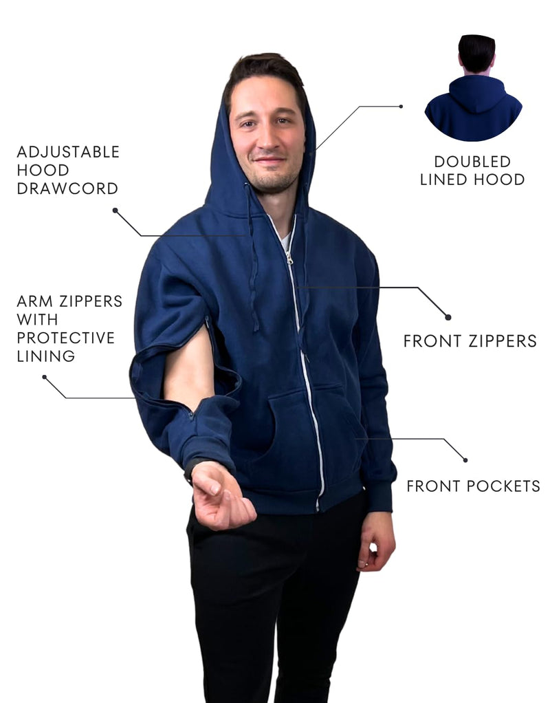 Inspired Comforts Dialysis Port Access Unisex Hoodie with Two Way Arm Access Zip Medium Navy