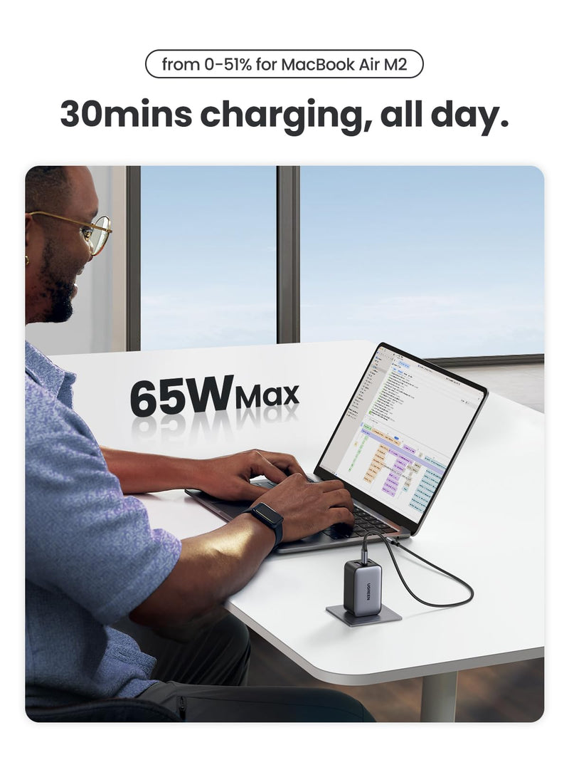 [Australia - AusPower] - UGREEN 65W USB C Charger, Nexode 3 Ports GaN Fast Charger Block, Compact Foldable Wall Charger for MacBook Pro/Air, iPhone 15 Pro Max/14/13, iPad Pro, Galaxy S24/S23, Pixel 8, Steam Deck (Black) Black 