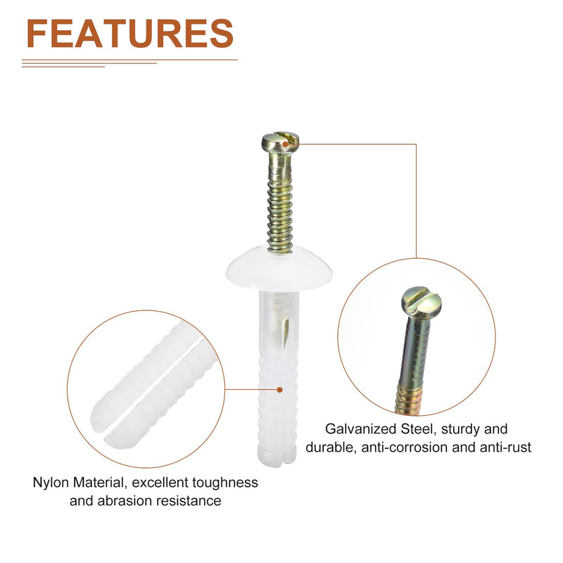 [Australia - AusPower] - 3/16" x 1" (D x L) Mushroom Nail Drive Anchors - 100Pack - Good for Furniture Installation - Steel Zinc Nail Nylon Drywall Rivets - White 3/16" x 1" 100 
