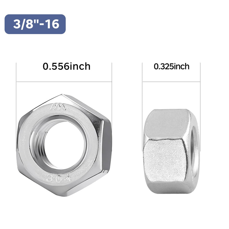 [Australia - AusPower] - 20 Pack 3/8-16 Hex Nuts, Stainless Steel 304 (18-8) Hex Nut, 3/8 Nut Standard Inch Coarse Thread Hex Machine Screw Nuts Silver 20 