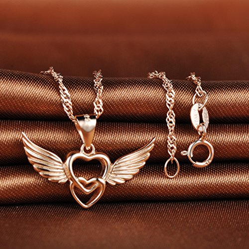 Infinite U 925 Sterling Silver Plated with Rose Gold Double Hearts Angel Wings Pendant Women Necklace