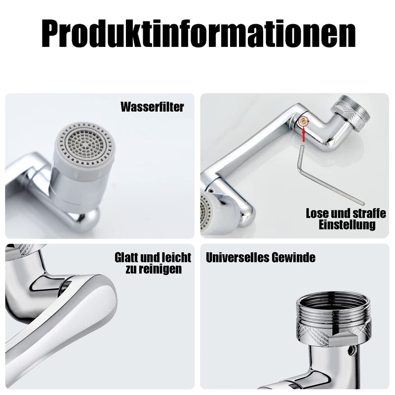 [Australia - AusPower] - 1080 Degree Rotating Multifunctional Extension Tap, Yrakozin Tap Attachment with 2-Way Adjustable Aerator for Kitchen Bathroom, 1440° Tap Extension with Aerators - Silver Messing + Silikon 