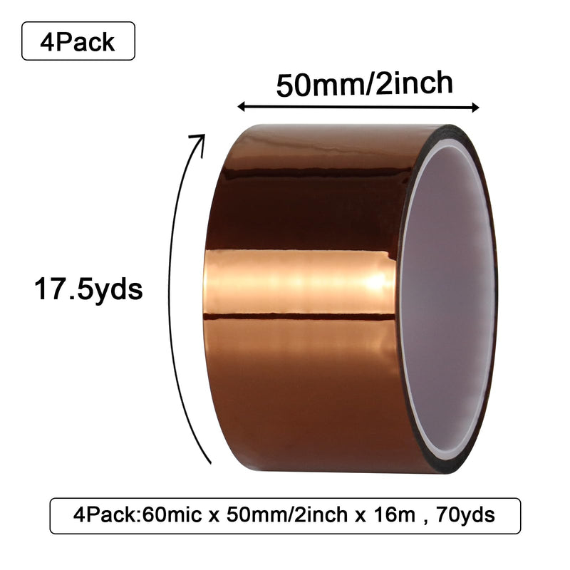 BOMEI PACK Polyimide Tape, 4 Pack High-Temperature Resistant Tape 2inch x 16m(54ft), No Residue Heat-Resistant Tape for Electric Task, 3D Printing, Soldering, Sublimation, Masking
