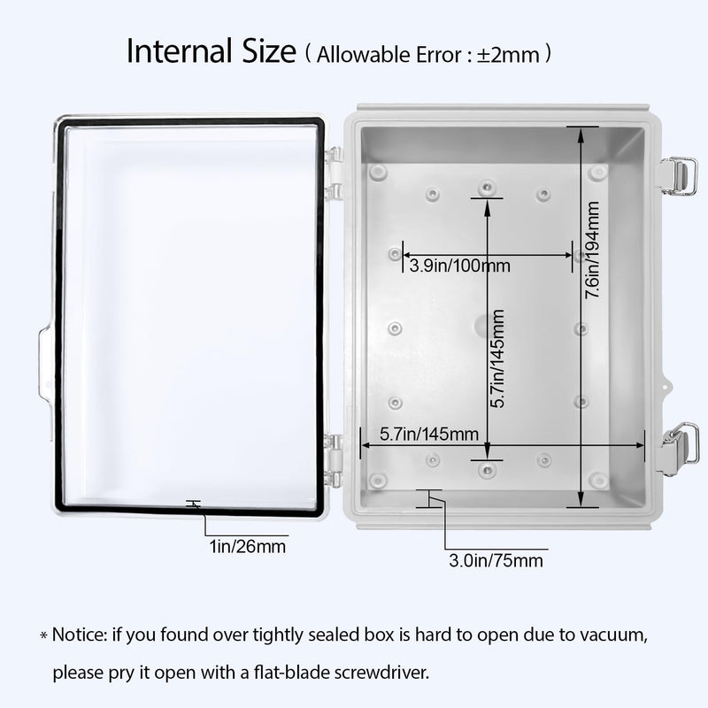 LeMotech Electrical Box, IP67 Waterproof Hinged Clear Cover Stainless Steel Latch Junction Box, ABS Plastic Electrical Enclosure with Mounting Plate,Wall Brackets, Cable Glands,8.7"x6.7"x4.3",Grey 8.7"x6.7"x4.3"