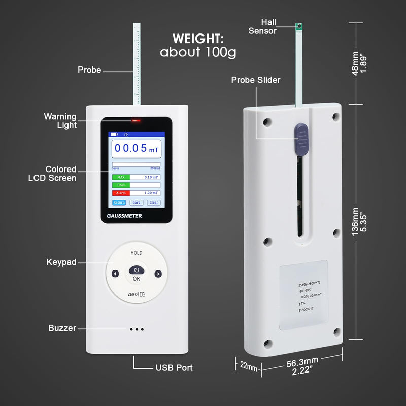 [Australia - AusPower] - Gauss Meter, Tesla Meter Gaussmeter with 0~25k Gs (0-2500mT) Range, Magnetometer Magnetic Field Strength Tester, HD Display/Audible Alerts/Data Storage, N/S Pole Detection, Industrial, Workshops 