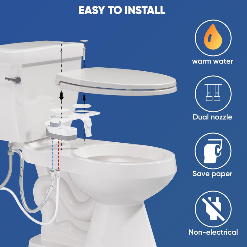 Hot and Cold Bidet, Warm Water Bidet Attachment for Toliet, Non-Electric Warm Bidet with Adjustable Water Pressure, Dual nozzle Rear and Feminine Wash - Self cleaning (White) White