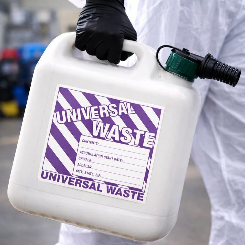 Universal Waste Labels, 6 x 6 inches, Purple/White, Self-Adhesive Vinyl, Pack of 25