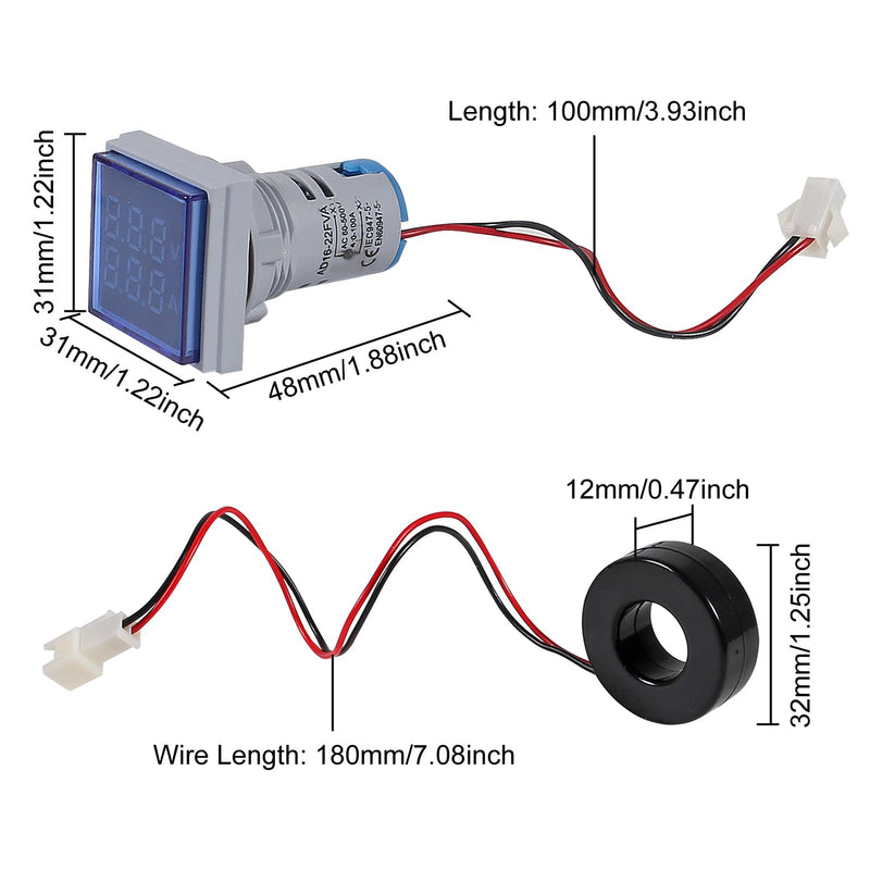 [Australia - AusPower] - 2pcs Blue LED Display Voltmeter, Square Dual Display Voltmeter and Ammeter LED Digital Voltage Gauge AC 60-500V 0-100A Current Meter Indicator 