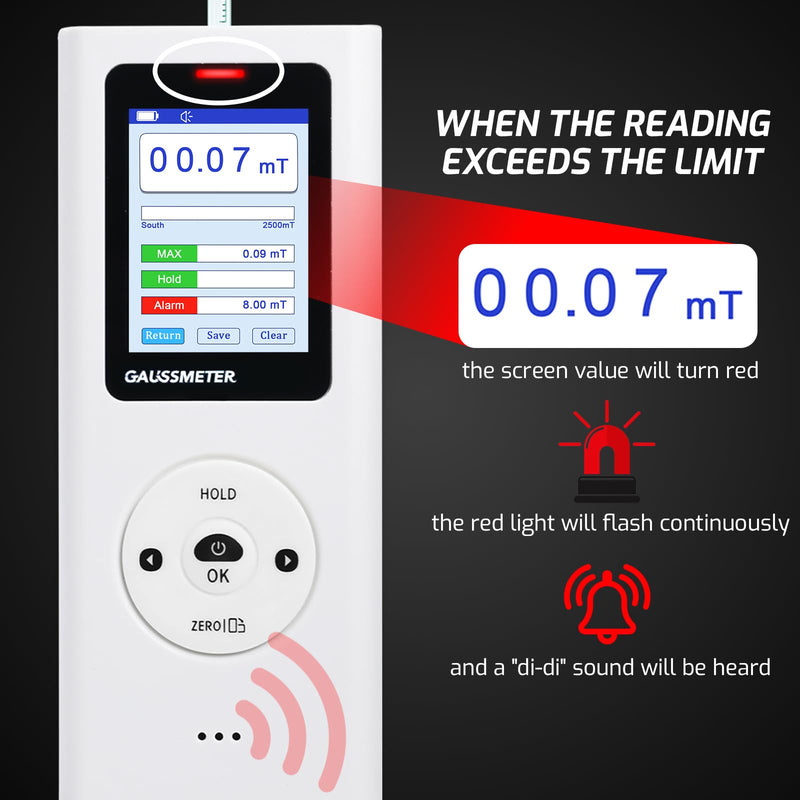 [Australia - AusPower] - Gauss Meter, Tesla Meter Gaussmeter with 0~25k Gs (0-2500mT) Range, Magnetometer Magnetic Field Strength Tester, HD Display/Audible Alerts/Data Storage, N/S Pole Detection, Industrial, Workshops 