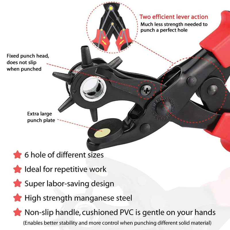 Leather Hole Punch Tool for Belt - Multi Hole Sizes Puncher for Belts, Watch Bands, Straps, Dog Collars, Saddles, Shoes, Fabric, DIY Home or Craft Projects - with 5/32" Grommet Eyelet Kit 100 Sets 02-Black/Red