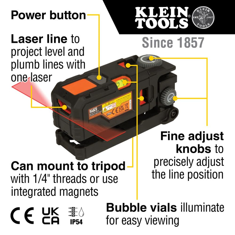 [Australia - AusPower] - Klein Tools 93PTL Magnetic Pocket Laser Level, Bright Red Leveling and Alignment Tool, 3 Bubble Vials, 360-Degree Wall Attachment, Picture Hanging Red Line 