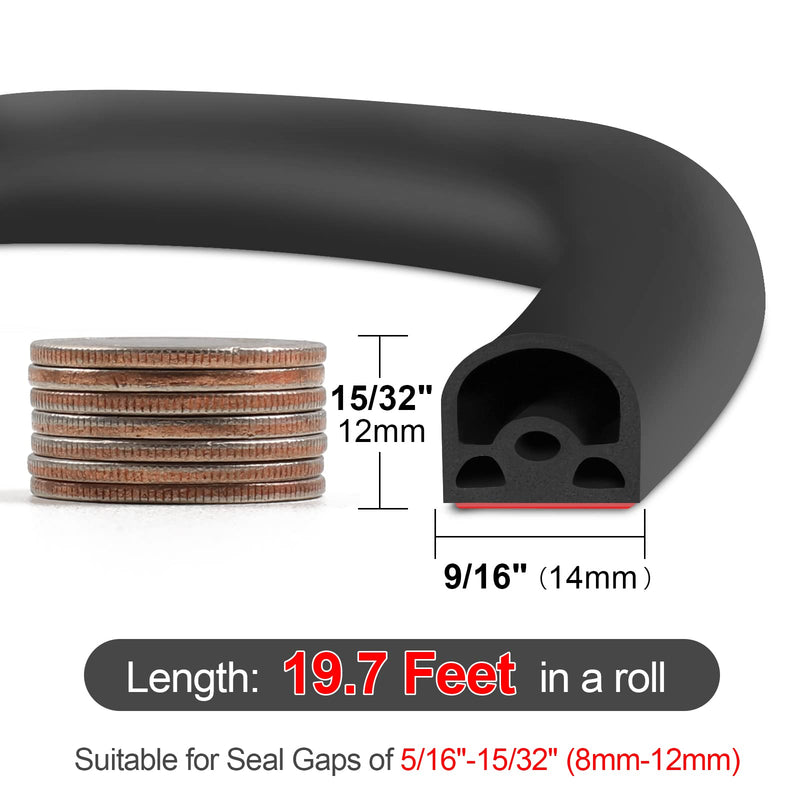 [Australia - AusPower] - [New Upgrade] 19.7Ft Silicone Door Weather Stripping Door Seal Strip for Doors & Windows, Multi-Layer Soundproof Chamber Design, Self-Adhesive, Seal Large Gaps, Easy to Cut & Install 9/16" (W) x 15/32" (T) x 19.7' (L) Black 