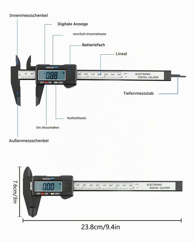 Digital Vernier Calliper, 150 mm/6 Inch, Plastic Calliper with Large LCD Display and Auto-Off, and Millimetre Conversion, Scratch-Resistant Measuring Gauge for Outdoors, Depth and Step | mit Großem LCD Display & Auto-Off, und Millimeter-Umrechnung, Kra...