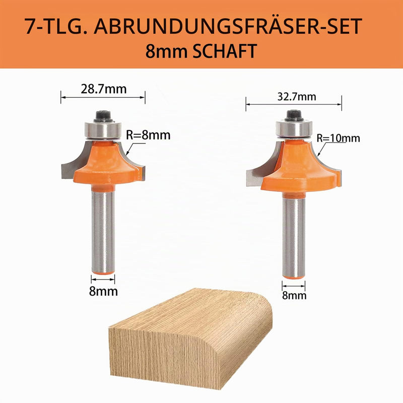 Rounding Router Bit Set HW with Ball Bearing, Shank 8mm, R 2-10mm | With interchangeable starting rings diameter 12.7/9.5 mm for round and quarter bar profiles. Comes in wooden box. 7-Piece Set (R 2-10 mm) Shaft 8 mm