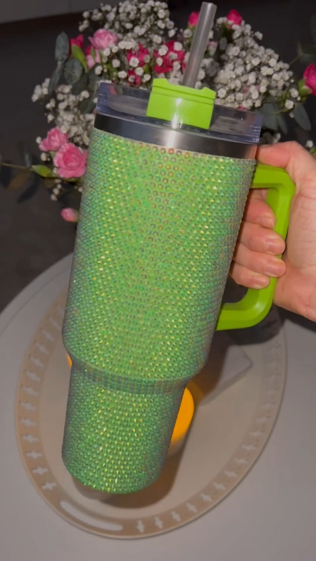 40 Oz Rhinestone Tumbler with Handle and Flip Straw, Insulated Stainless Steel Double Layer Bling Tumbler | Leak Proof Glitter Tumbler for Women | Reusable 1200ml Travel Bling Cups White AB Northern light 40.0