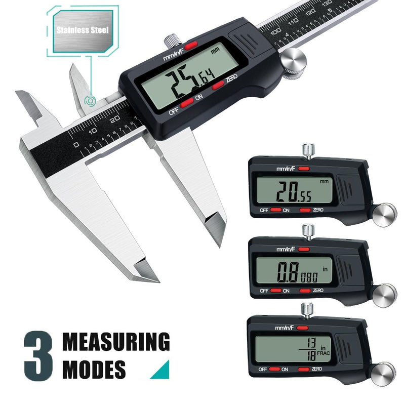 [Australia - AusPower] - Kynp Digital Caliper, 8 Inch Micrometer Caliper Tool, Vernier Caliper Gages with Stainless Steel Body, Large LCD Screen, Auto - Off Feature, Inch Metric Fraction Conversion (200mm) Black 8Inch 