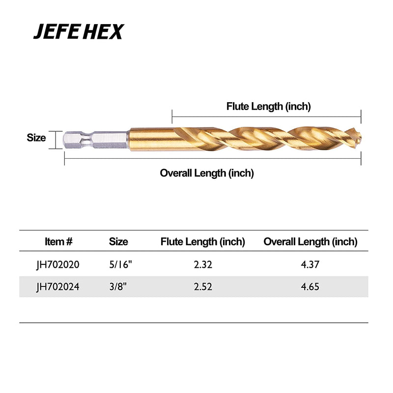 JEFE HEX 5/16" Hex Shank Titanium HSS Twist Drill Bits, 135 Degree Easy Cut Split Point Drill Bit for Steel, Copper, Aluminum, Zinc Alloy, Wood and Plastics, Packed in a Tube. (Pack of 6) 5/16" (6 pcs)
