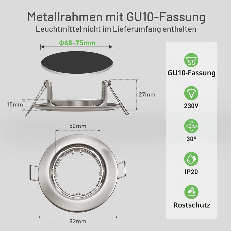 ALUSSO Set of 10 Metal Recessed Spotlights GU10 Frame 68 mm Mounting Frame 230 V | inkl. GU10 Fassung, 30° Schwenkbar, Abnehmbar Einbauspots Decken Spots Badezimmer für LED oder Halogen Leuchtmittel, Nickel Brushed Nickel