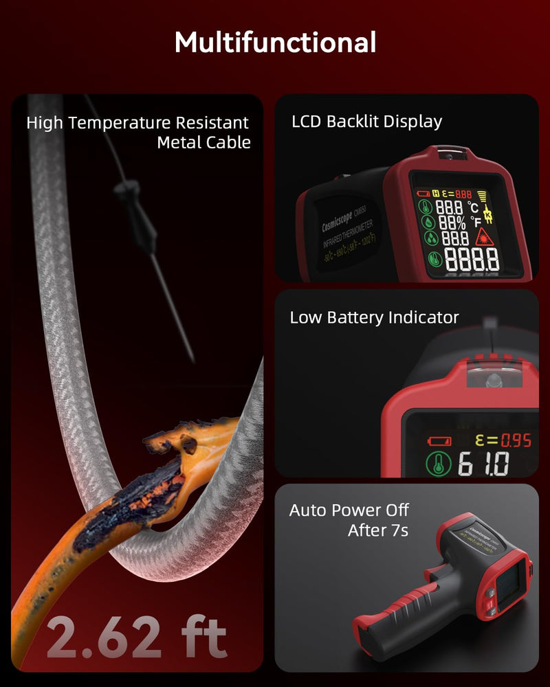 [Australia - AusPower] - Infrared Thermometer Temperature Gun with Probe -58℉ to 1202℉, Digital Heat Surface Temp Gun, Non-Contact Laser Thermal Gun for Cooking Food, Barbecue Meat, Pizza Oven, Griddle (CM650) CM650 