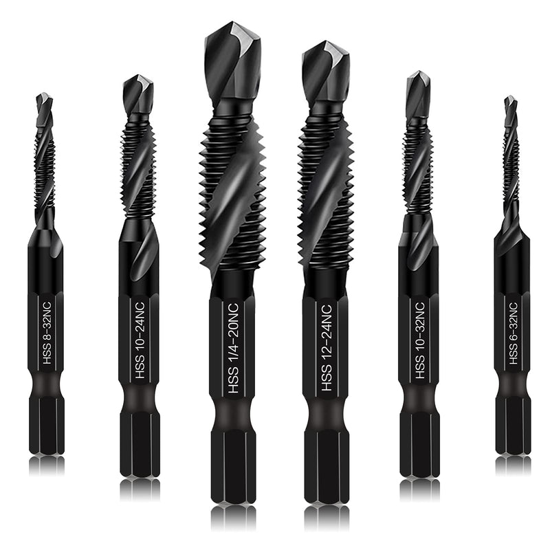 6 Packs Combination Drill & Taps Bit Set, Screw Tapping in SAE Size 6-32nc 8-32nc 10-32nc 10-24nc 12-24nc 1/4-20nc with Anti-rust Black Coating, 1/4 Hex Shank and Storage Case 6 Pcs Tap Set