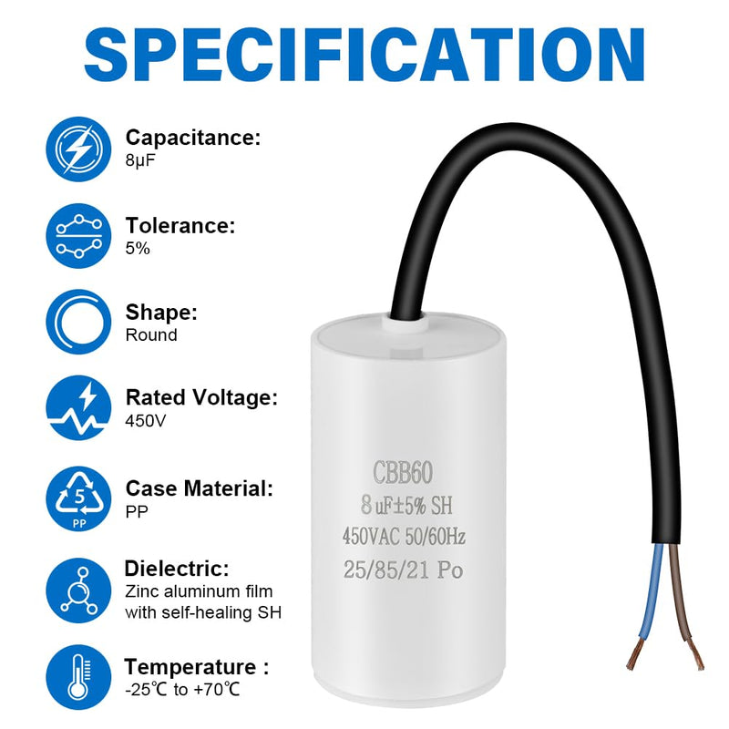 OFFCUP Motor Capacitor CBB60 Starting Capacitor 8μF 450V Capacitor 8μF | 450V CBB60 Capacitors with Wire Cable for Electric Motors and Swimming Pool Pumps Electric Motor, 50/60Hz 8μF (Schraubanschluss)