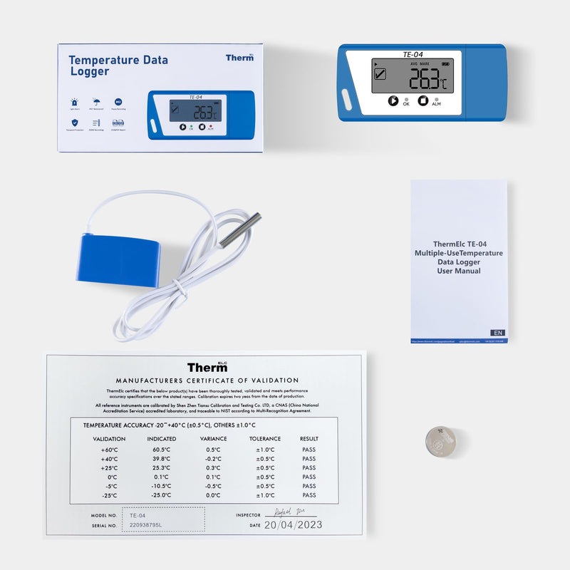 [Australia - AusPower] - ThermElc TE-04 ET Temperature Logger with External Probe, Large Display, Recording Pause Function, Automatic PDF and CSV Report, 35,000 Points, Data Logger for Cold Chain Shipping (1PCS) 1PCS 